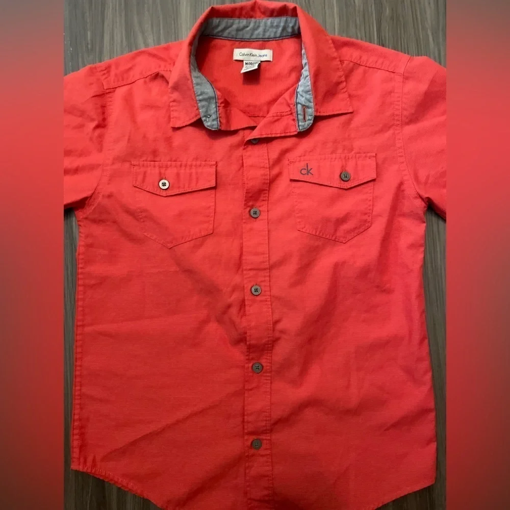 Calvin Klein Jeans Boys Orange Button Down Shirt Short Sleeve size M